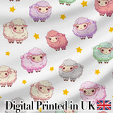Cute Pastel Sheep Stars Grey Background Seamless Pattern Digital Print Fabric by the Metre UK Sewing Quilting Textile