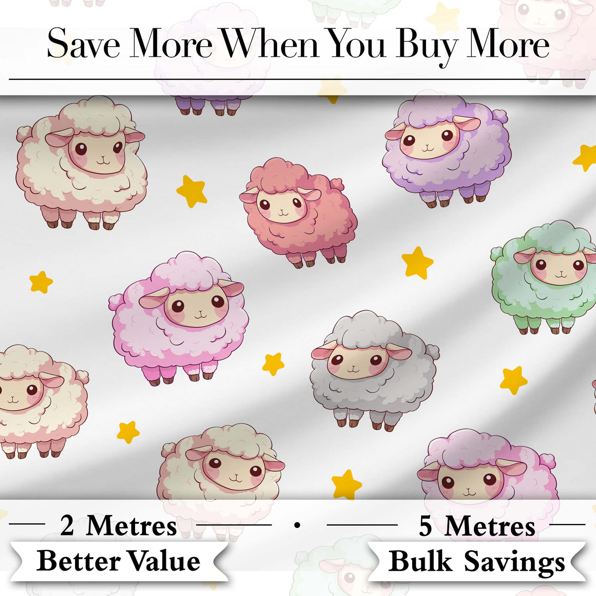 Cute Pastel Sheep Stars Grey Background Seamless Pattern Digital Print Fabric by the Metre UK Sewing Quilting Textile