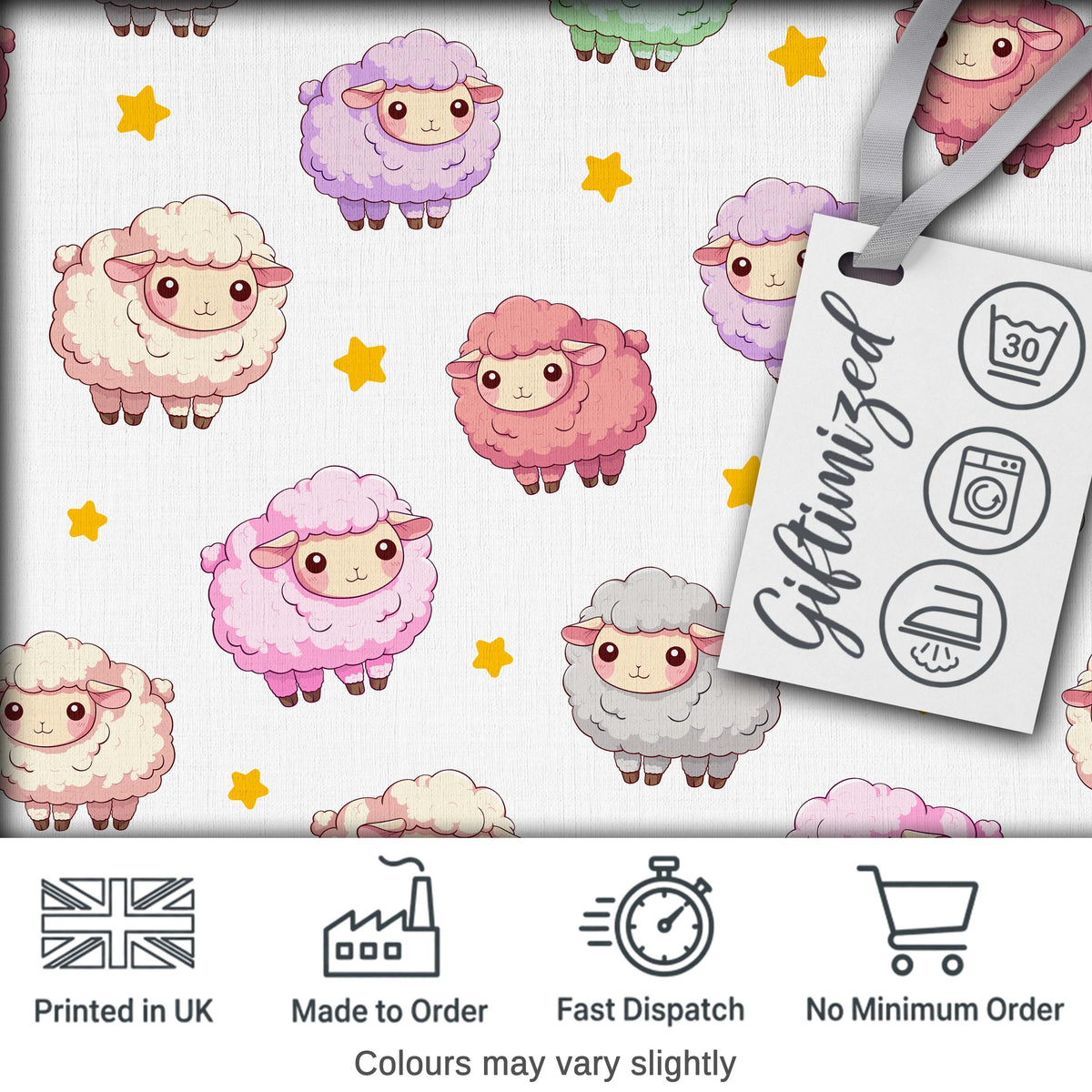 Cute Pastel Sheep Stars Grey Background Seamless Pattern Digital Print Fabric by the Metre UK Sewing Quilting Textile
