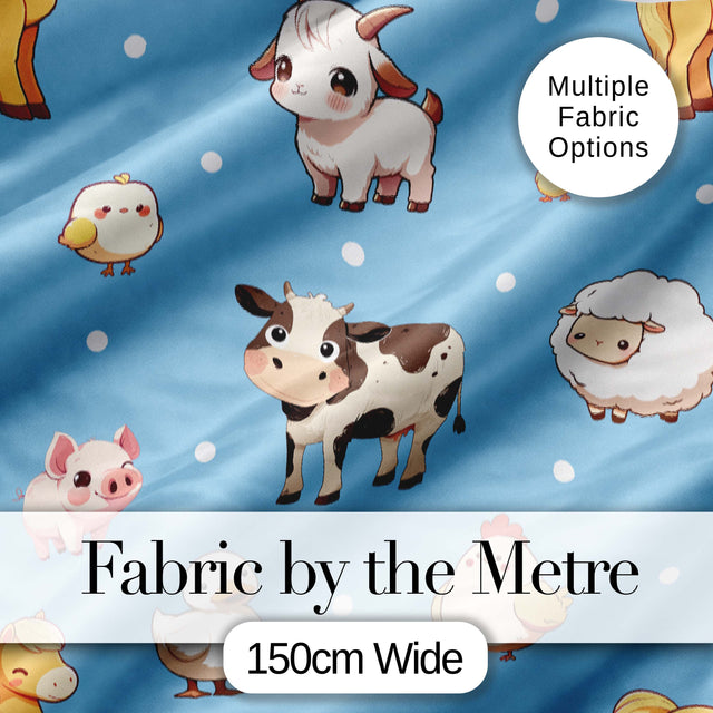 Cute Farm Animals Cow Goat Pig Chicken Blue Seamless Pattern Digital Print Fabric by the Metre UK Sewing Quilting Textile
