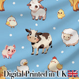 Cute Farm Animals Cow Goat Pig Chicken Blue Seamless Pattern Digital Print Fabric by the Metre UK Sewing Quilting Textile