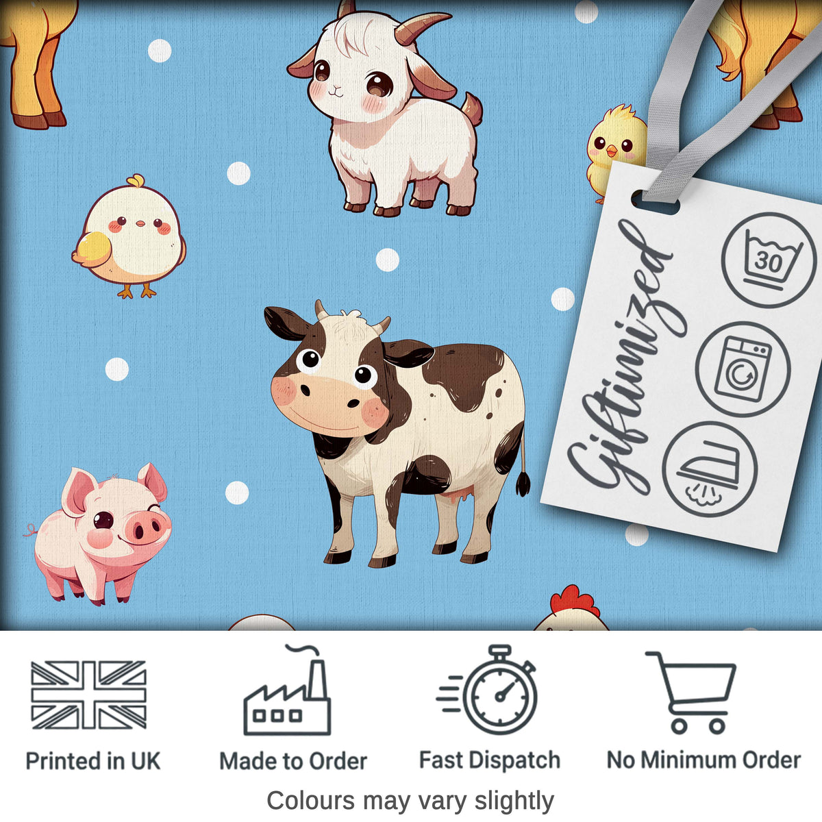 Cute Farm Animals Cow Goat Pig Chicken Blue Seamless Pattern Digital Print Fabric by the Metre UK Sewing Quilting Textile