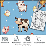 Cute Farm Animals Cow Goat Pig Chicken Blue Seamless Pattern Digital Print Fabric by the Metre UK Sewing Quilting Textile