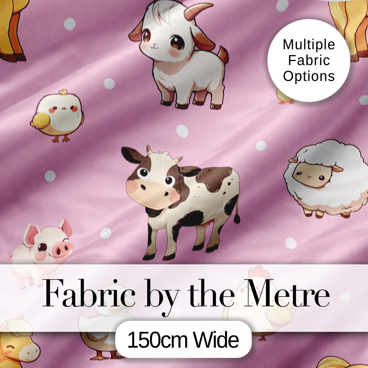 Cute Farm Animals Cow Goat Pig Chicken Rose Pink Seamless Pattern Digital Print Fabric by the Metre UK Sewing Quilting Textile