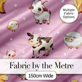 Cute Farm Animals Cow Goat Pig Chicken Rose Pink Seamless Pattern Digital Print Fabric by the Metre UK Sewing Quilting Textile