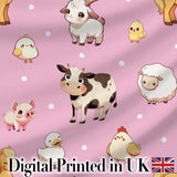 Cute Farm Animals Cow Goat Pig Chicken Rose Pink Seamless Pattern Digital Print Fabric by the Metre UK Sewing Quilting Textile