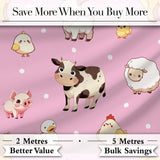 Cute Farm Animals Cow Goat Pig Chicken Rose Pink Seamless Pattern Digital Print Fabric by the Metre UK Sewing Quilting Textile