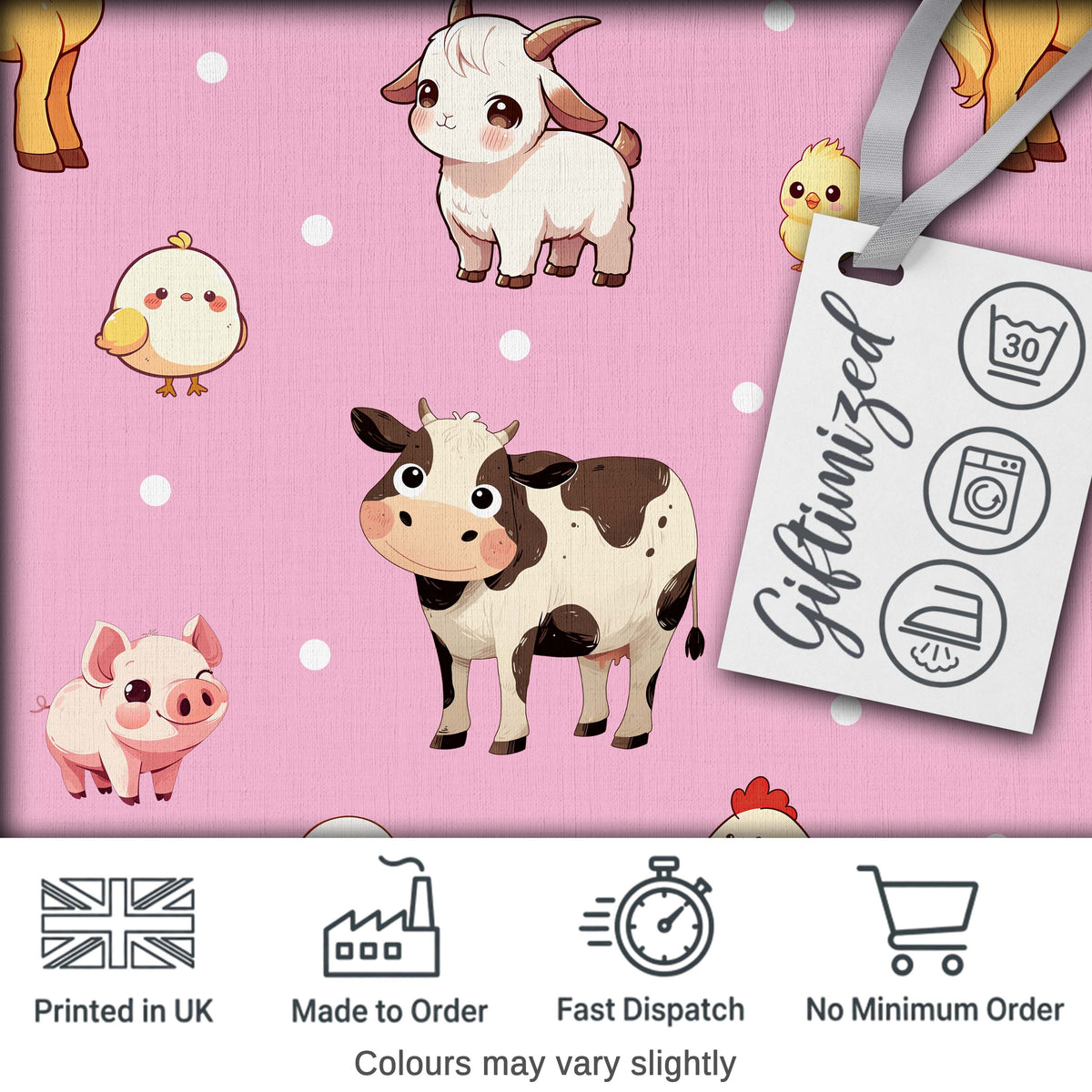 Cute Farm Animals Cow Goat Pig Chicken Rose Pink Seamless Pattern Digital Print Fabric by the Metre UK Sewing Quilting Textile