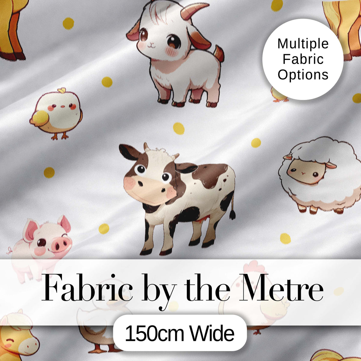 Cute Farm Animals Cow Goat Pig Chicken Grey Dots Seamless Pattern Digital Print Fabric by the Metre UK Sewing Quilting Textile
