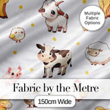Cute Farm Animals Cow Goat Pig Chicken Grey Dots Seamless Pattern Digital Print Fabric by the Metre UK Sewing Quilting Textile