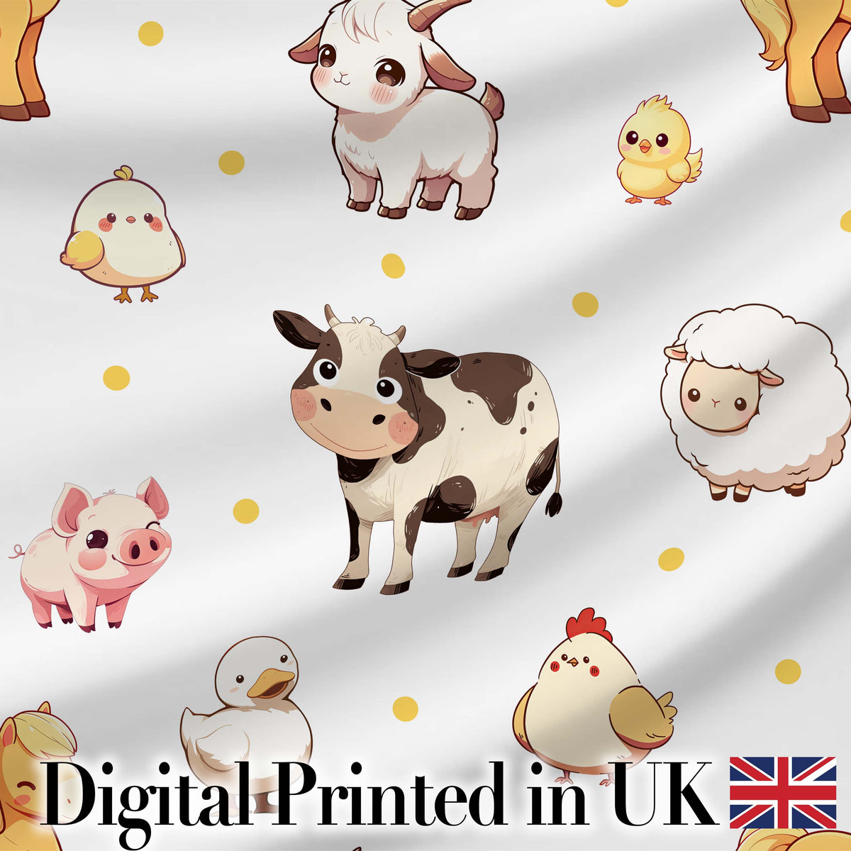 Cute Farm Animals Cow Goat Pig Chicken Grey Dots Seamless Pattern Digital Print Fabric by the Metre UK Sewing Quilting Textile
