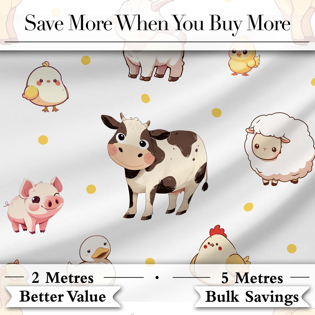 Cute Farm Animals Cow Goat Pig Chicken Grey Dots Seamless Pattern Digital Print Fabric by the Metre UK Sewing Quilting Textile