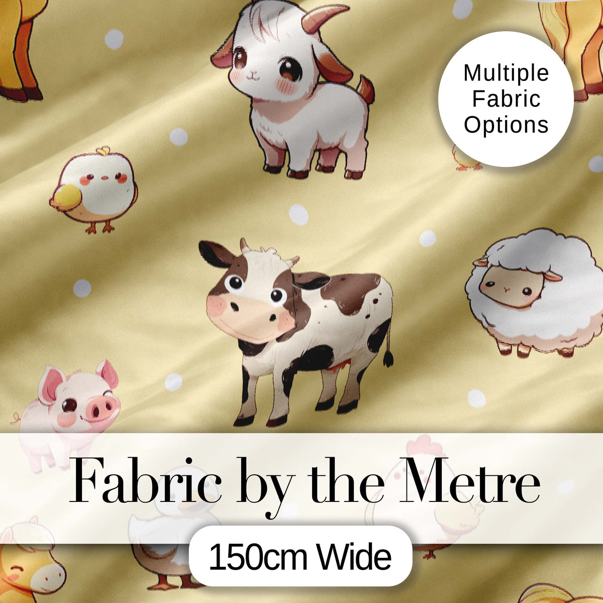 Cute Farm Animals Cow Goat Pig Chicken Yellow Dots Seamless Pattern Digital Print Fabric by the Metre UK Sewing Quilting Textile