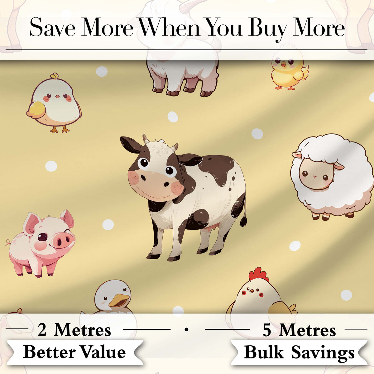 Cute Farm Animals Cow Goat Pig Chicken Yellow Dots Seamless Pattern Digital Print Fabric by the Metre UK Sewing Quilting Textile