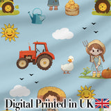 Cute Farm Tractor Farmer Duck Sun Cloud Seamless Pattern Digital Print Fabric by the Metre UK Sewing Quilting Textile