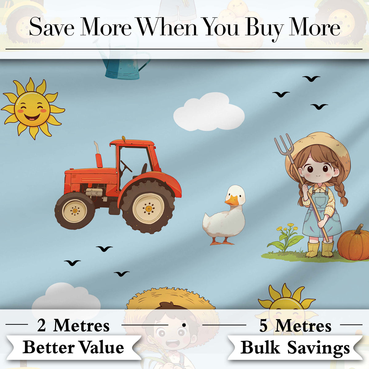 Cute Farm Tractor Farmer Duck Sun Cloud Seamless Pattern Digital Print Fabric by the Metre UK Sewing Quilting Textile
