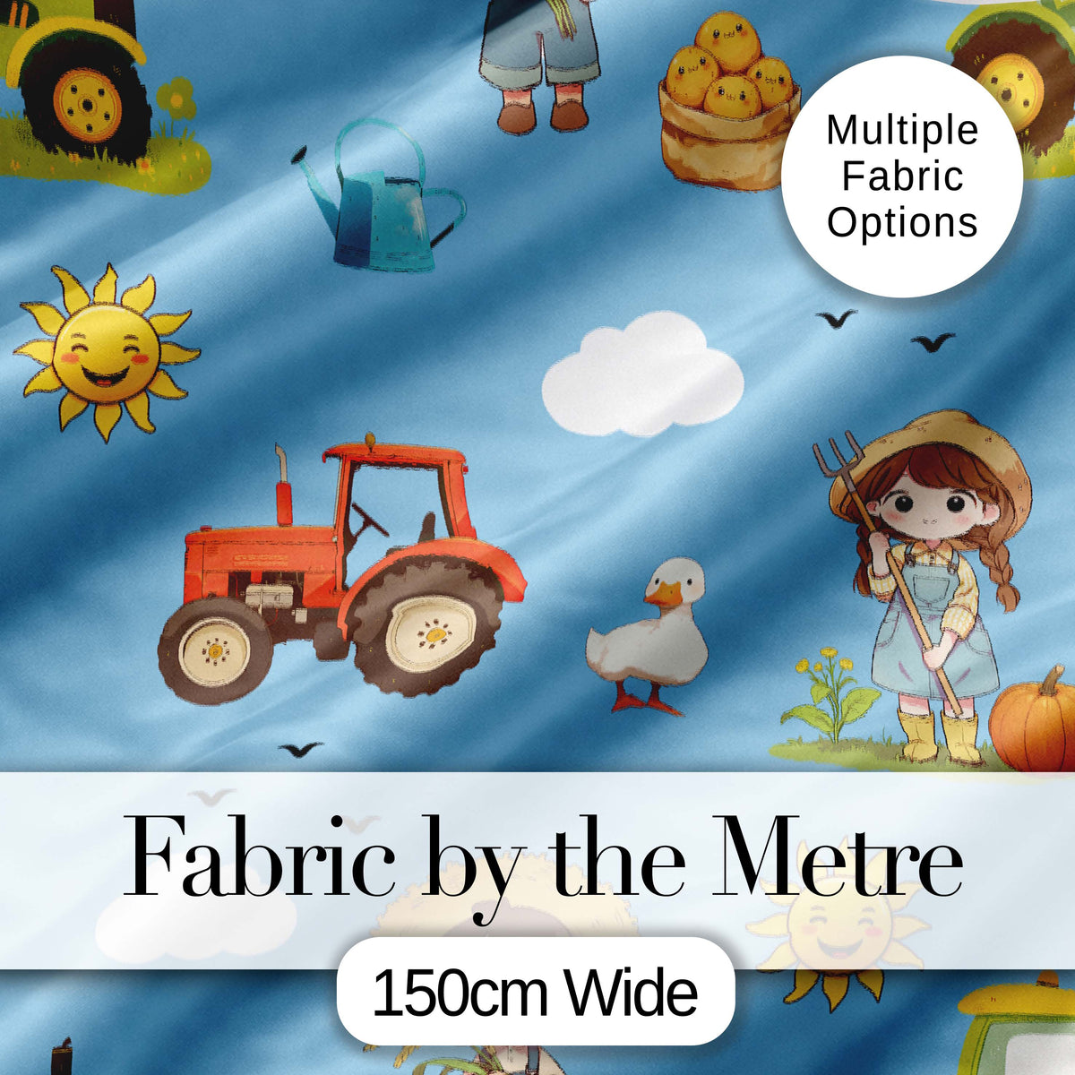 Cute Farm Tractor Farmer Duck Blue Sky Seamless Pattern Digital Print Fabric by the Metre UK Sewing Quilting Textile