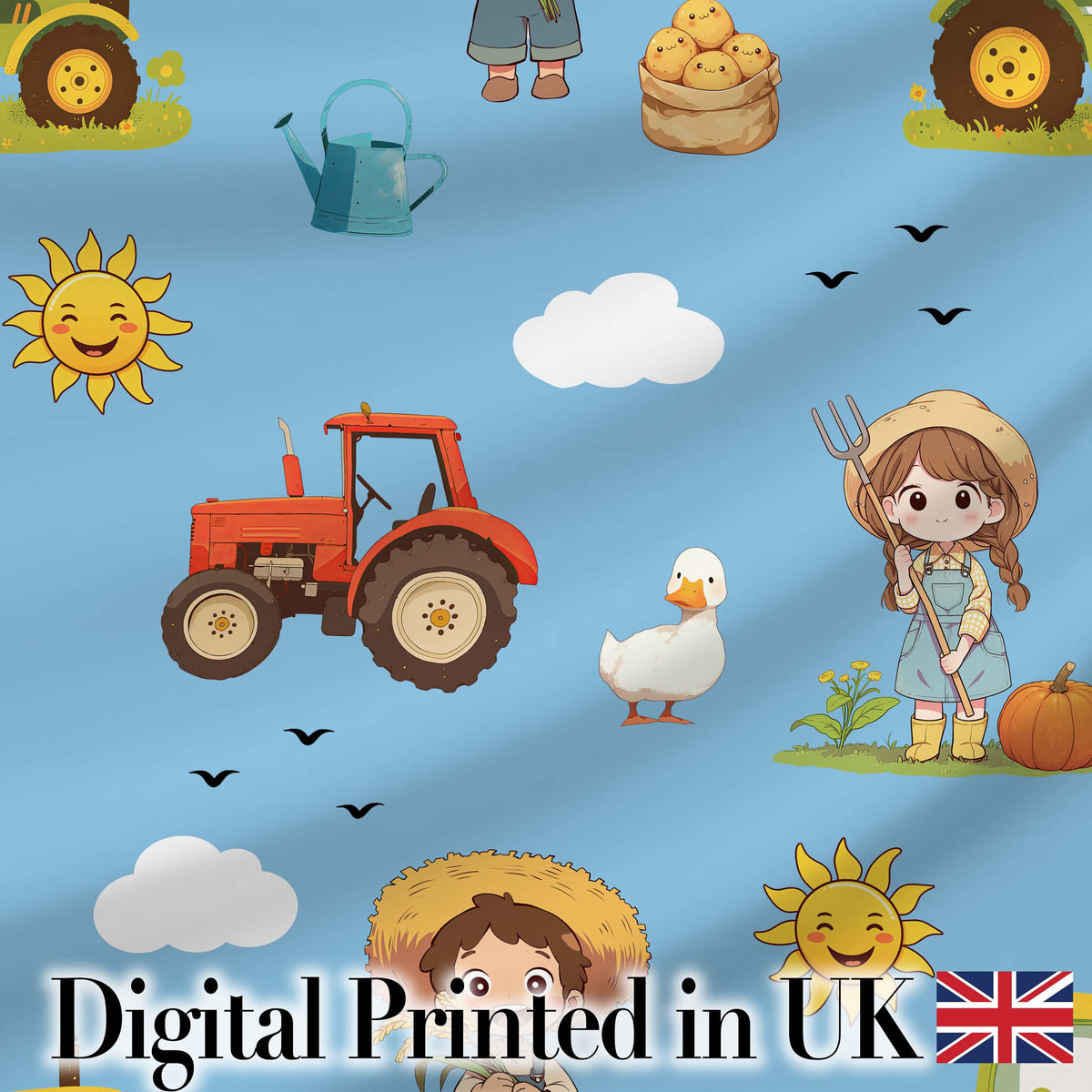 Cute Farm Tractor Farmer Duck Blue Sky Seamless Pattern Digital Print Fabric by the Metre UK Sewing Quilting Textile