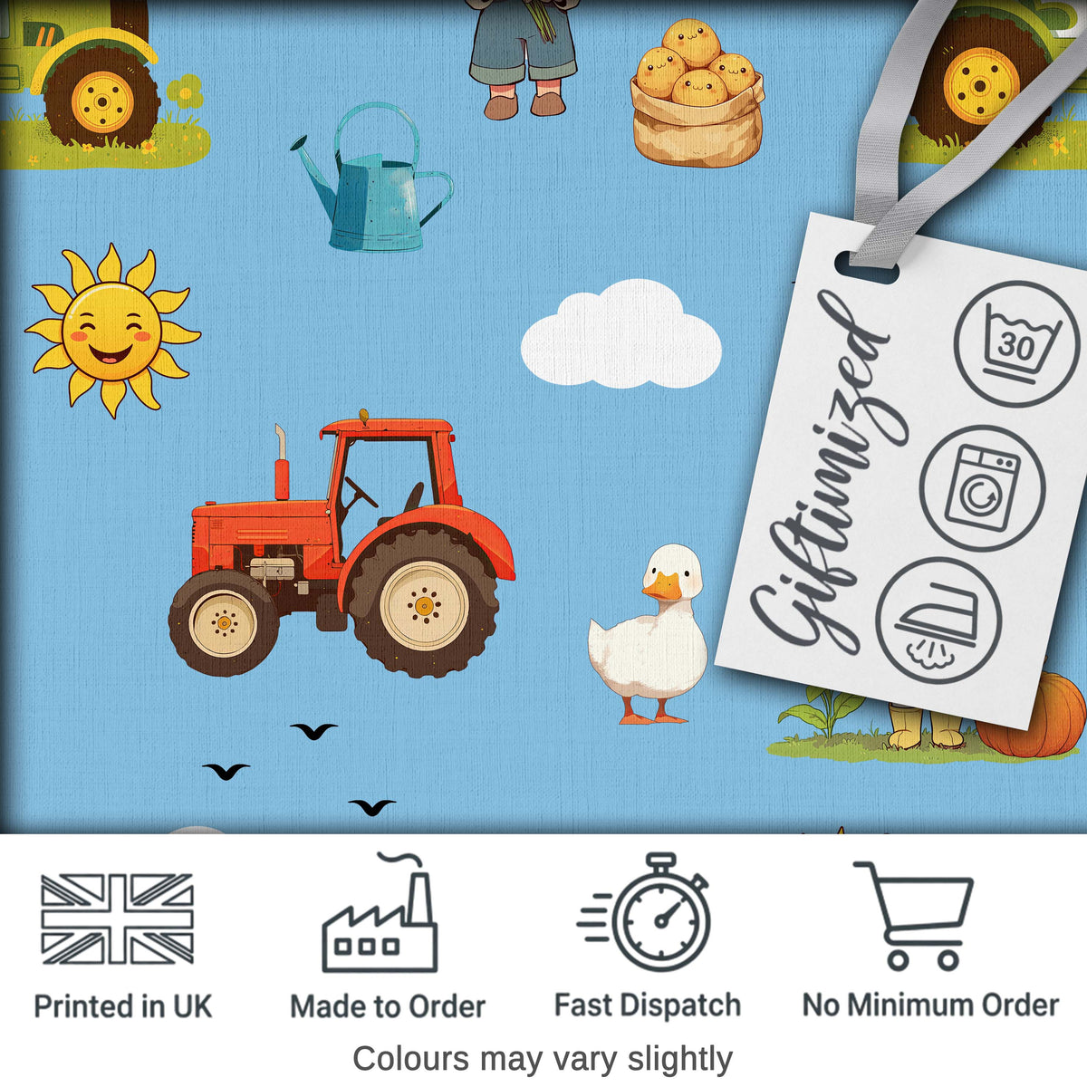 Cute Farm Tractor Farmer Duck Blue Sky Seamless Pattern Digital Print Fabric by the Metre UK Sewing Quilting Textile
