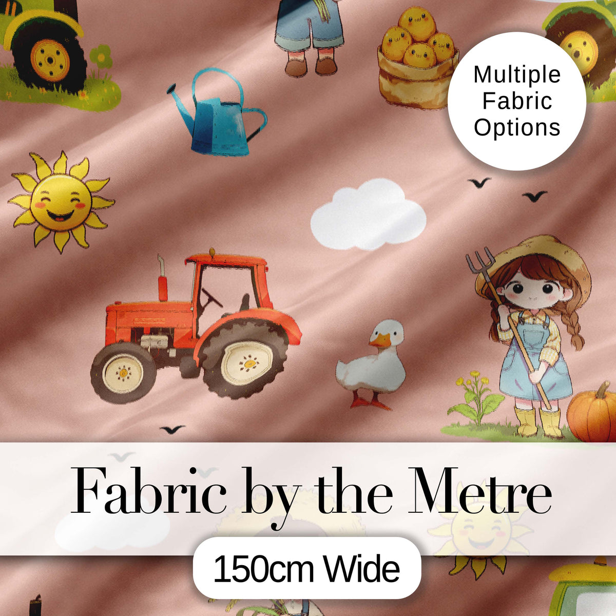 Cute Farm Tractor Farmer Duck Sun Clouds Peach Seamless Pattern Digital Print Fabric by the Metre UK Sewing Quilting Textile