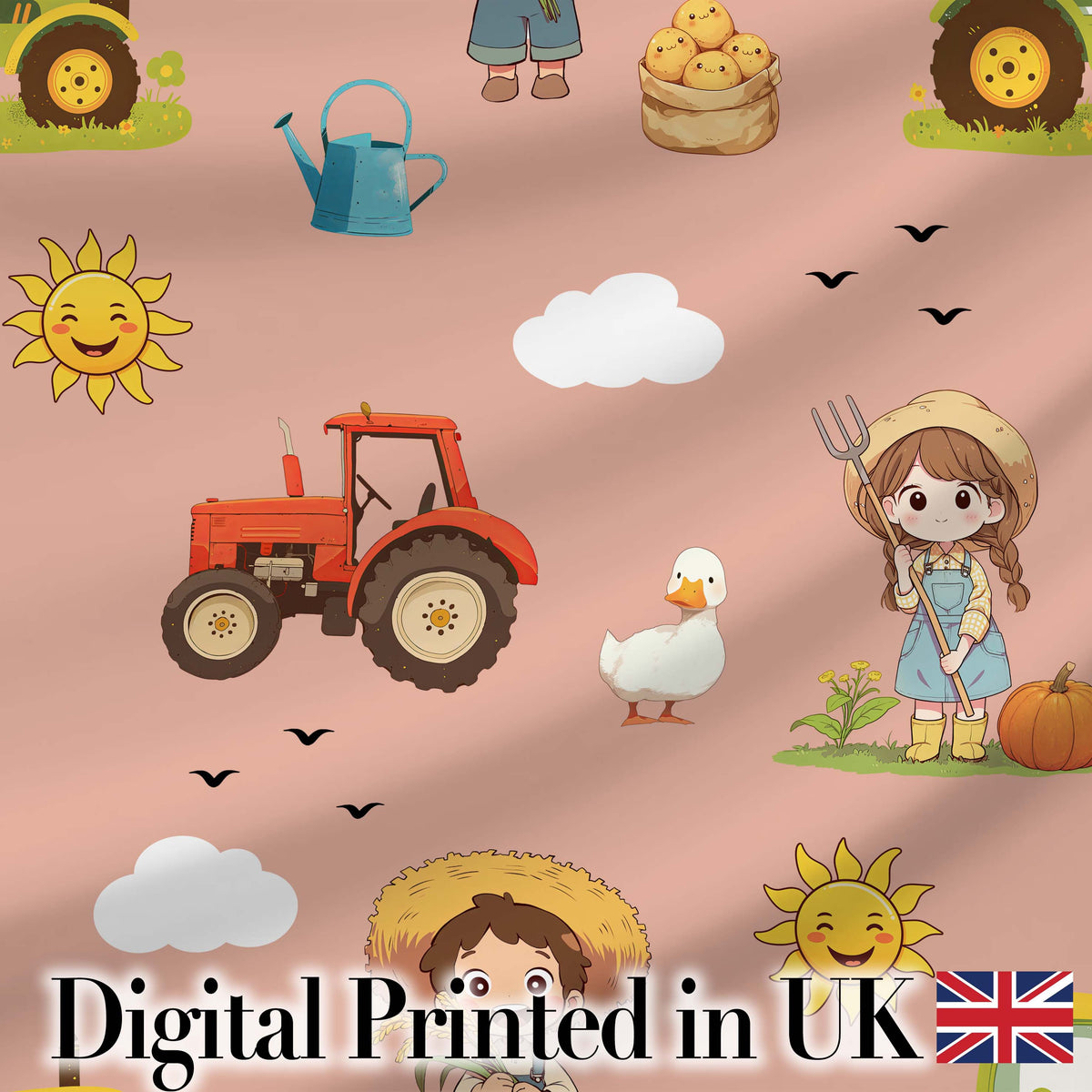 Cute Farm Tractor Farmer Duck Sun Clouds Peach Seamless Pattern Digital Print Fabric by the Metre UK Sewing Quilting Textile