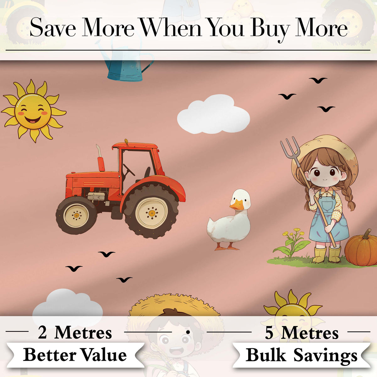 Cute Farm Tractor Farmer Duck Sun Clouds Peach Seamless Pattern Digital Print Fabric by the Metre UK Sewing Quilting Textile