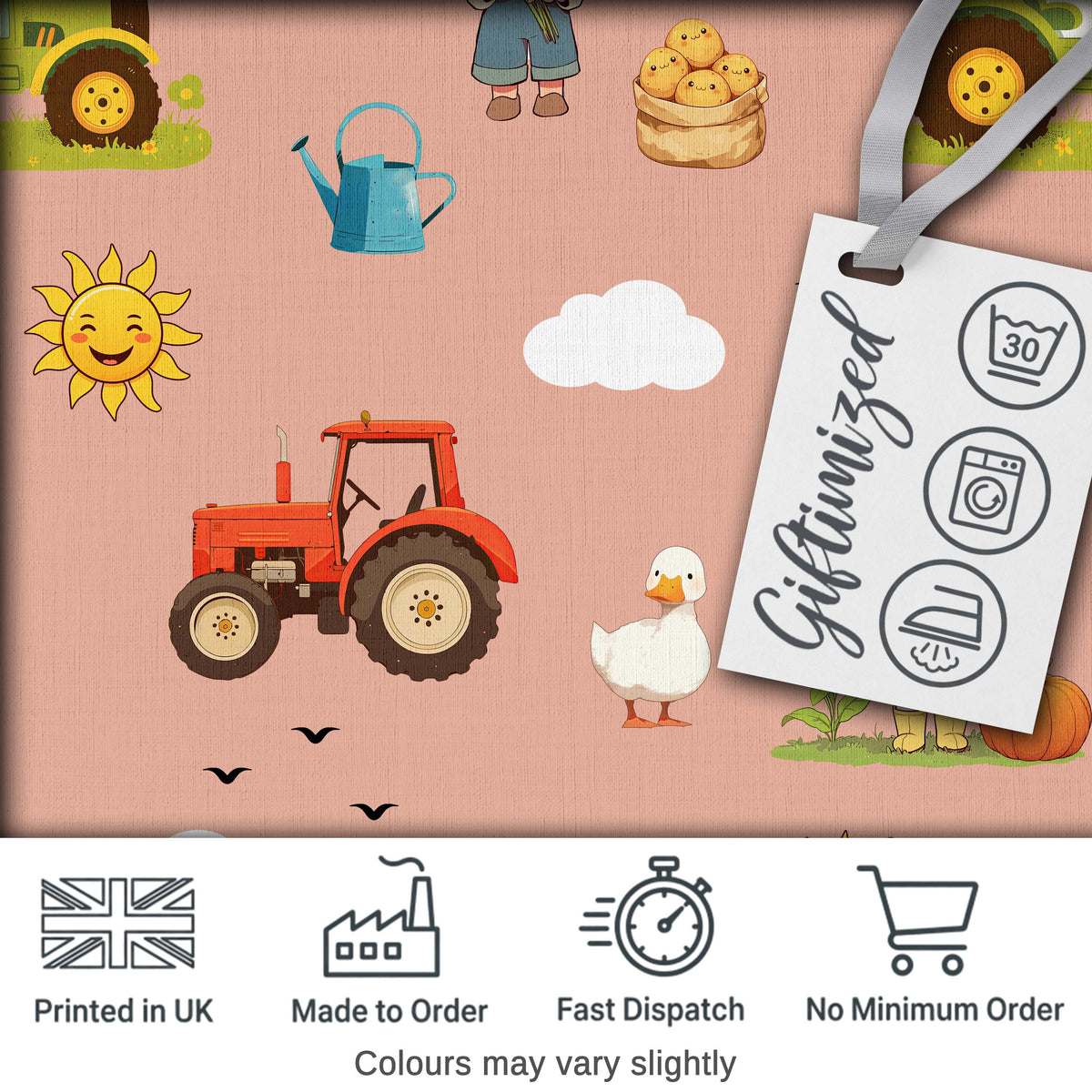 Cute Farm Tractor Farmer Duck Sun Clouds Peach Seamless Pattern Digital Print Fabric by the Metre UK Sewing Quilting Textile