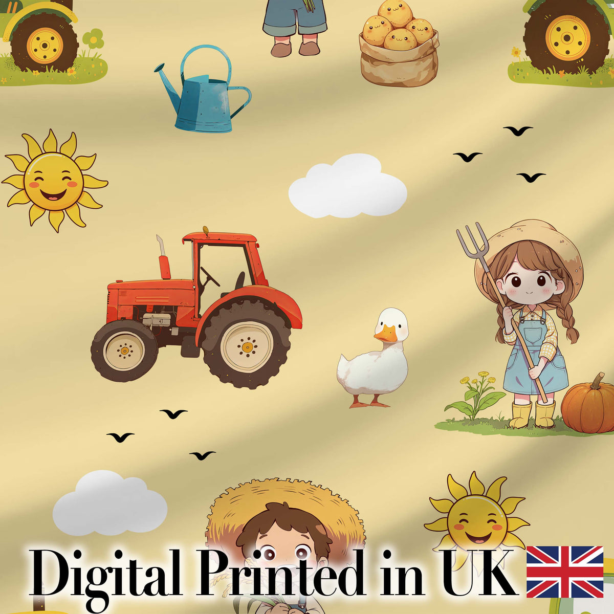 Cute Farm Tractor Farmer Duck Sun Clouds Yellow Seamless Pattern Digital Print Fabric by the Metre UK Sewing Quilting Textile