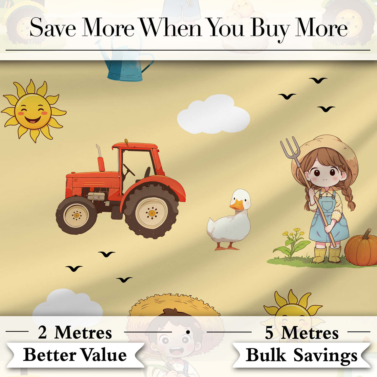 Cute Farm Tractor Farmer Duck Sun Clouds Yellow Seamless Pattern Digital Print Fabric by the Metre UK Sewing Quilting Textile