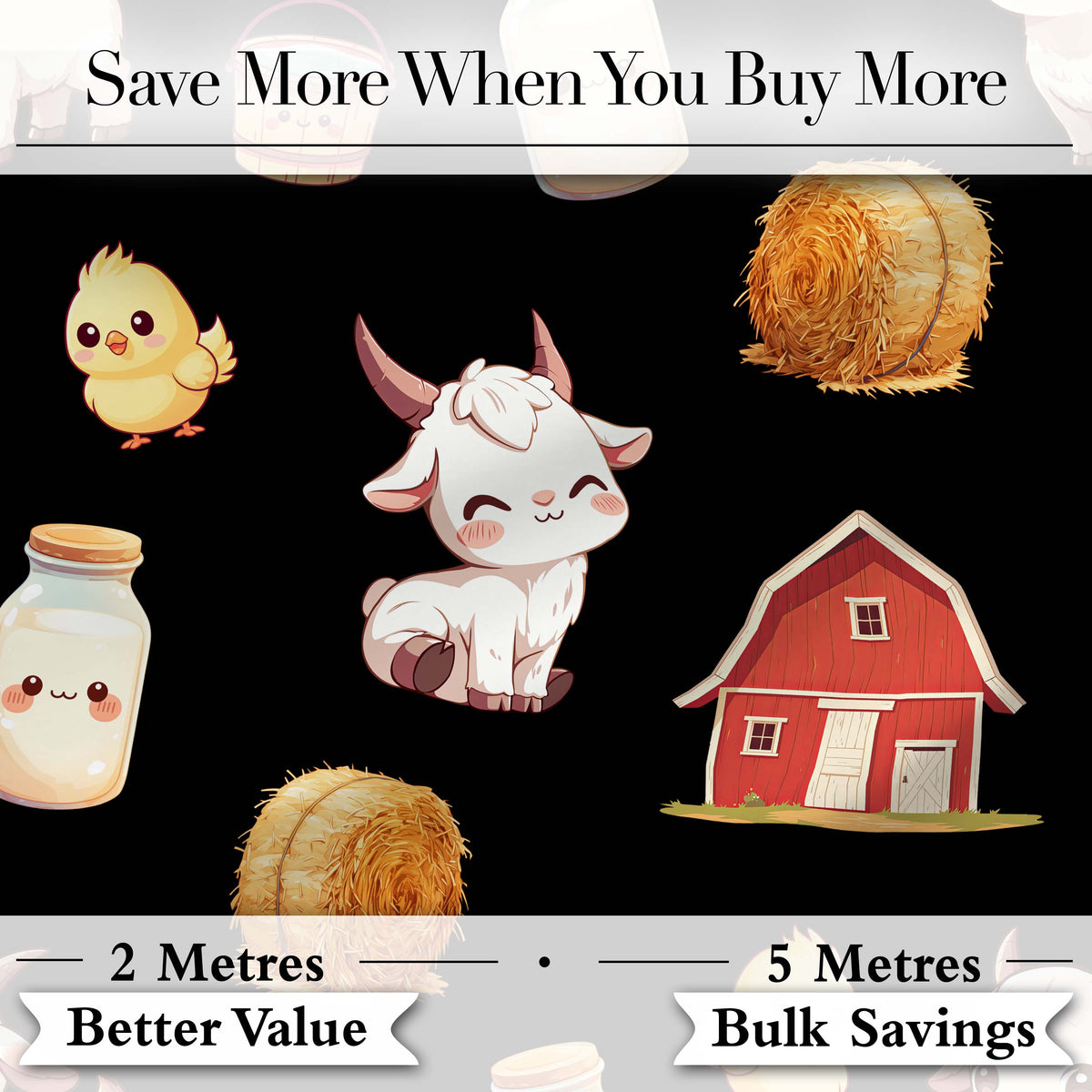 Cute Baby Goat Barn Hay Milk Chick Farm Black Seamless Pattern Digital Print Fabric by the Metre UK Sewing Quilting Textile