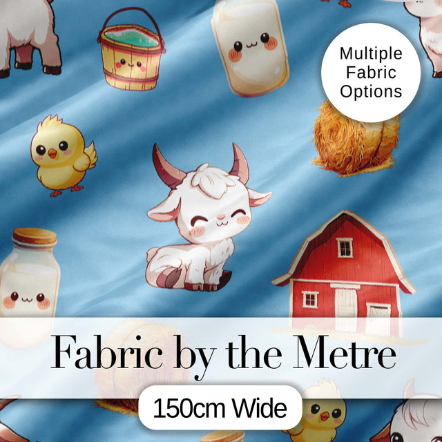 Cute Baby Goat Barn Hay Milk Chick Farm Blue Seamless Pattern Digital Print Fabric by the Metre UK Sewing Quilting Textile