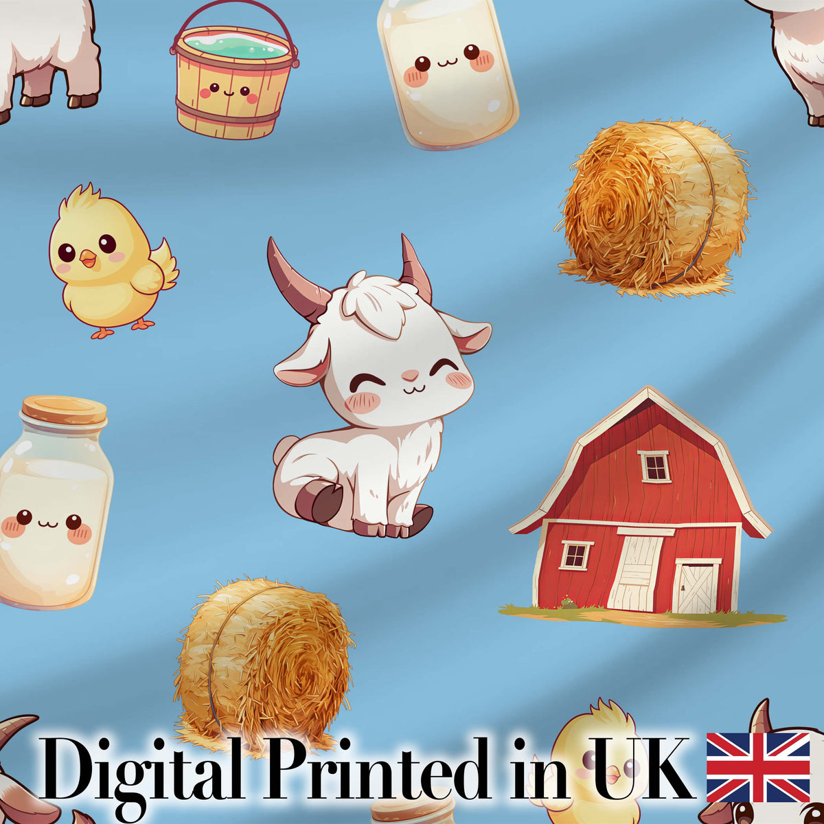Cute Baby Goat Barn Hay Milk Chick Farm Blue Seamless Pattern Digital Print Fabric by the Metre UK Sewing Quilting Textile
