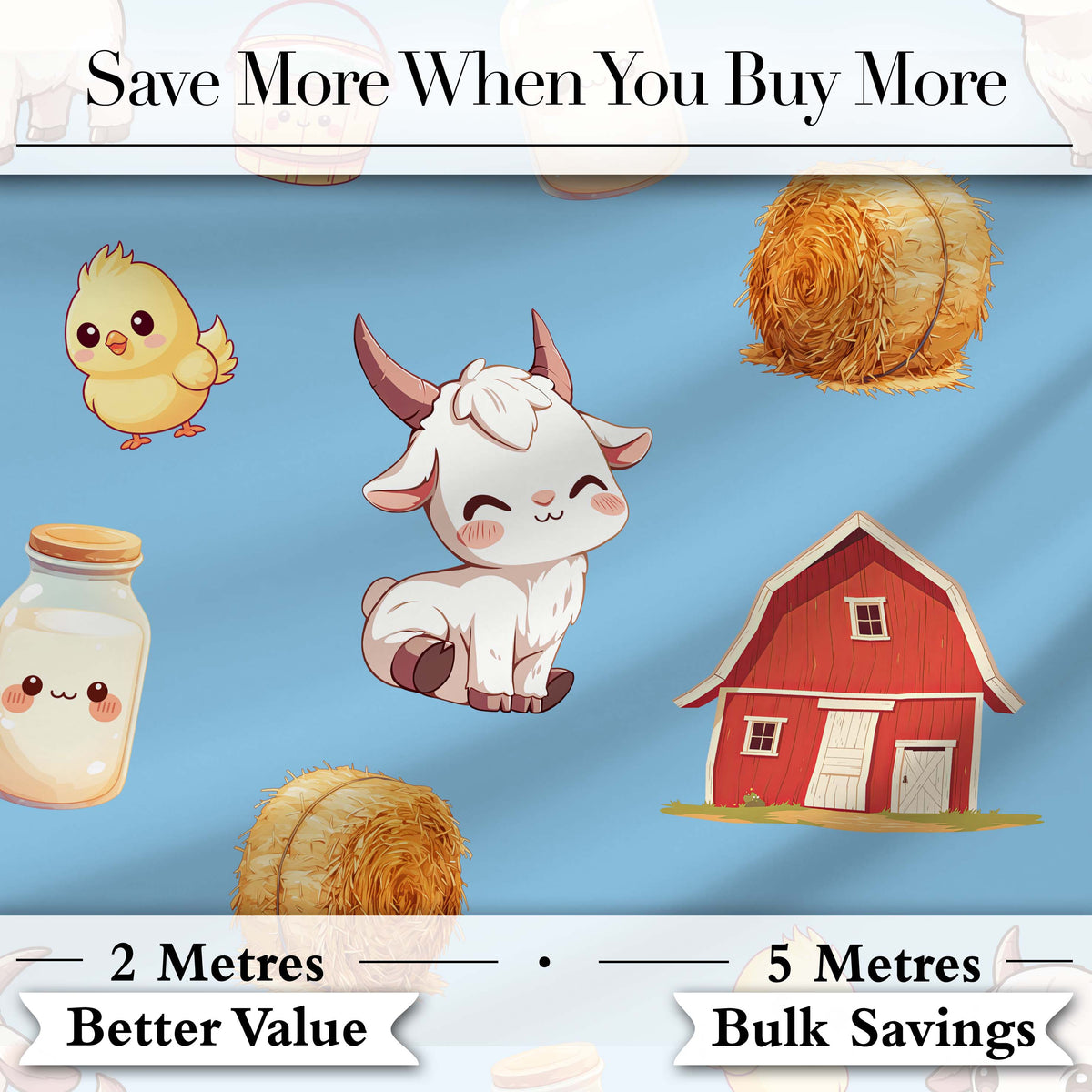 Cute Baby Goat Barn Hay Milk Chick Farm Blue Seamless Pattern Digital Print Fabric by the Metre UK Sewing Quilting Textile