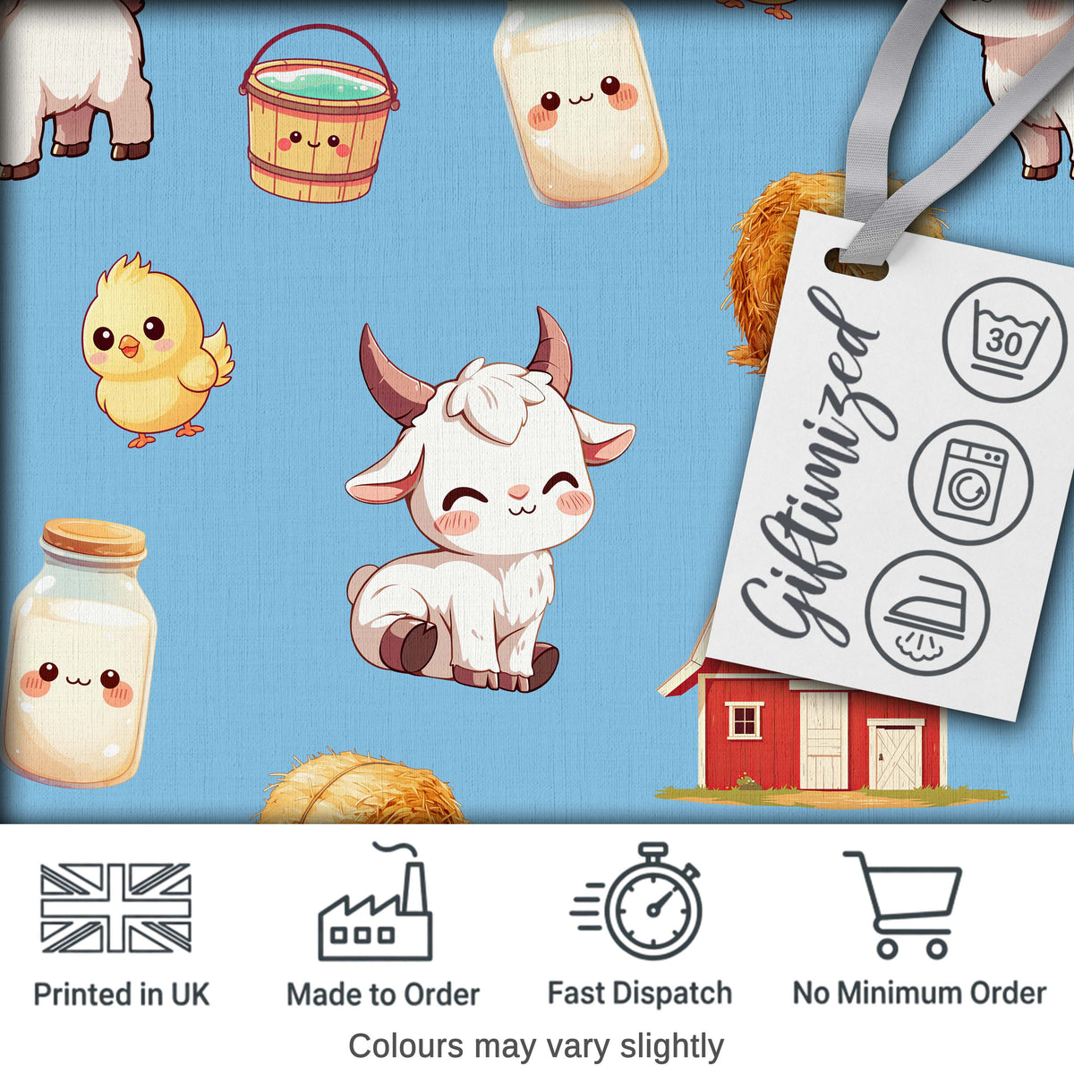 Cute Baby Goat Barn Hay Milk Chick Farm Blue Seamless Pattern Digital Print Fabric by the Metre UK Sewing Quilting Textile