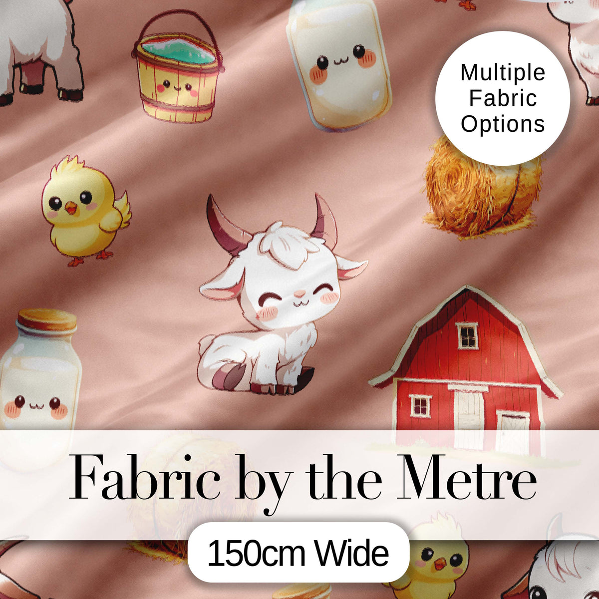 Cute Baby Goat Barn Hay Milk Chick Farm Peach Seamless Pattern Digital Print Fabric by the Metre UK Sewing Quilting Textile