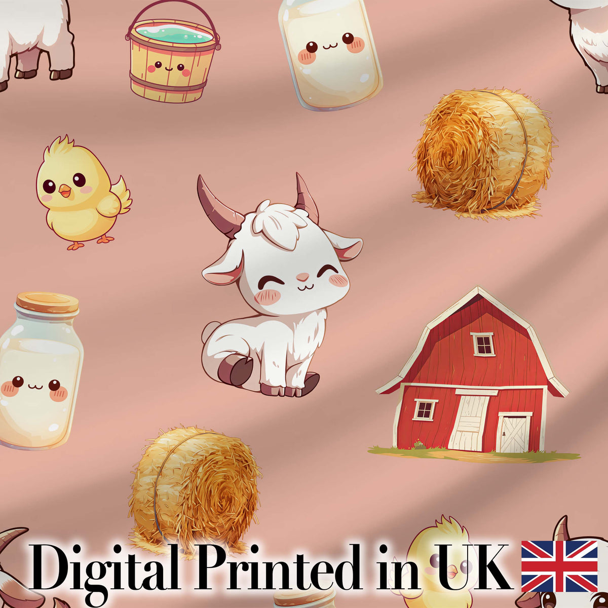 Cute Baby Goat Barn Hay Milk Chick Farm Peach Seamless Pattern Digital Print Fabric by the Metre UK Sewing Quilting Textile