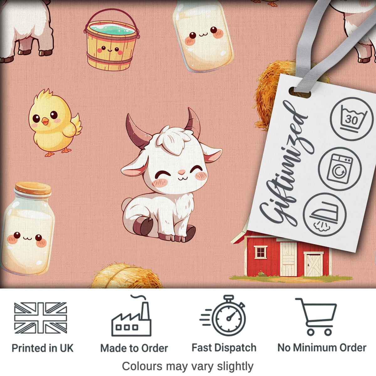 Cute Baby Goat Barn Hay Milk Chick Farm Peach Seamless Pattern Digital Print Fabric by the Metre UK Sewing Quilting Textile
