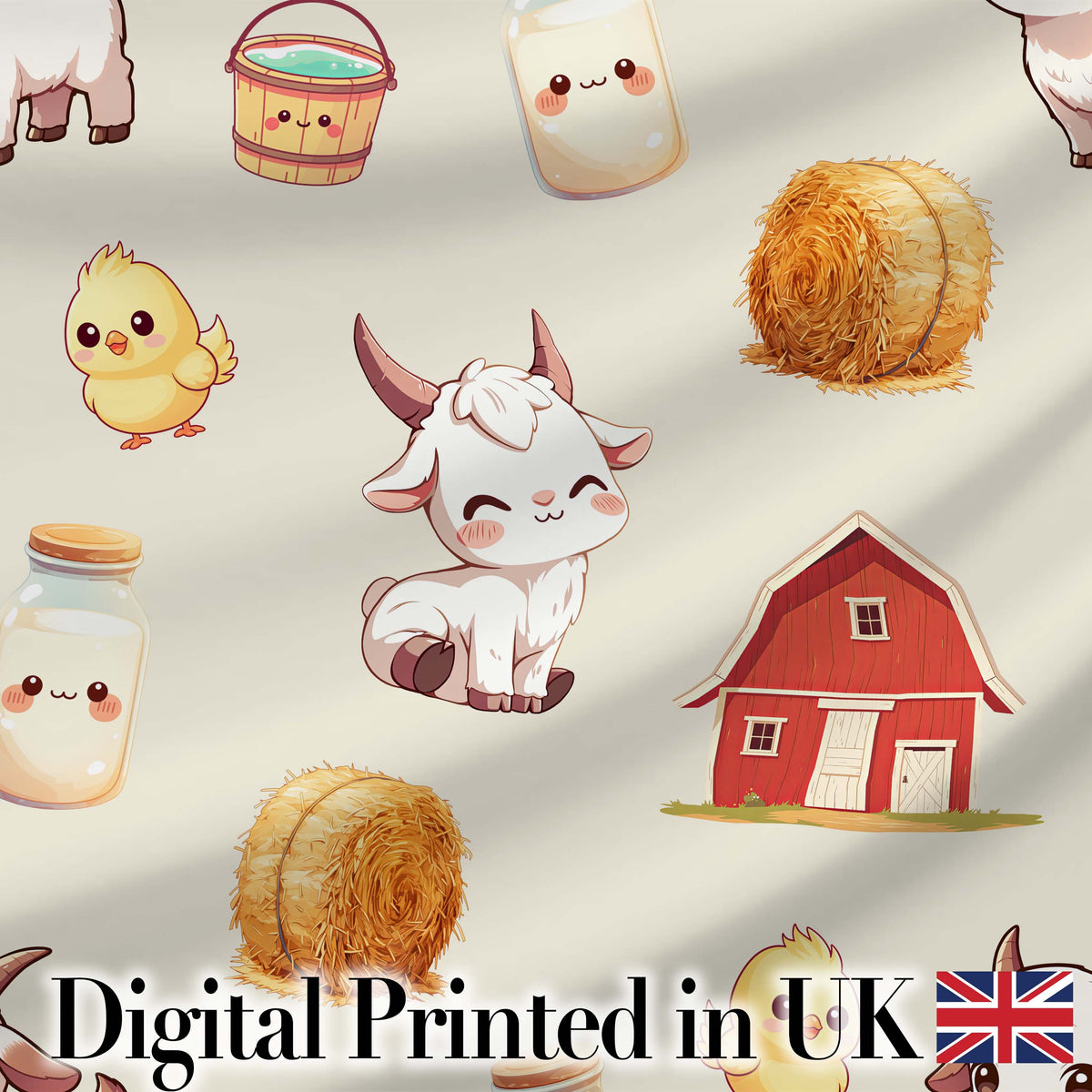 Cute Baby Goat Barn Hay Milk Chick Farm Cream Seamless Pattern Digital Print Fabric by the Metre UK Sewing Quilting Textile