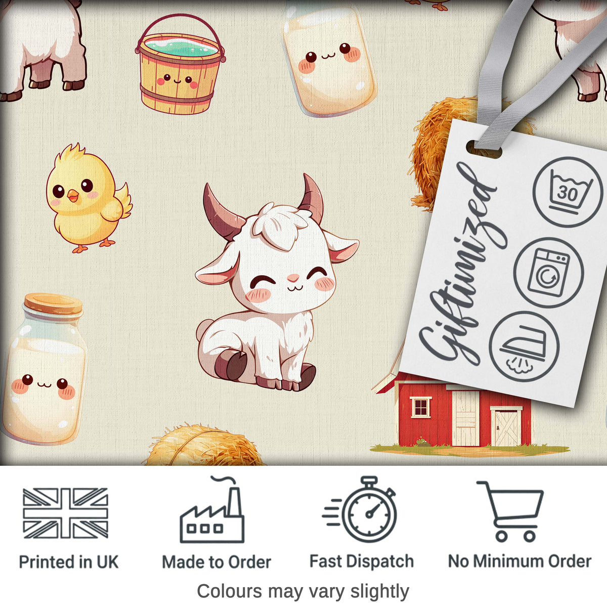 Cute Baby Goat Barn Hay Milk Chick Farm Cream Seamless Pattern Digital Print Fabric by the Metre UK Sewing Quilting Textile