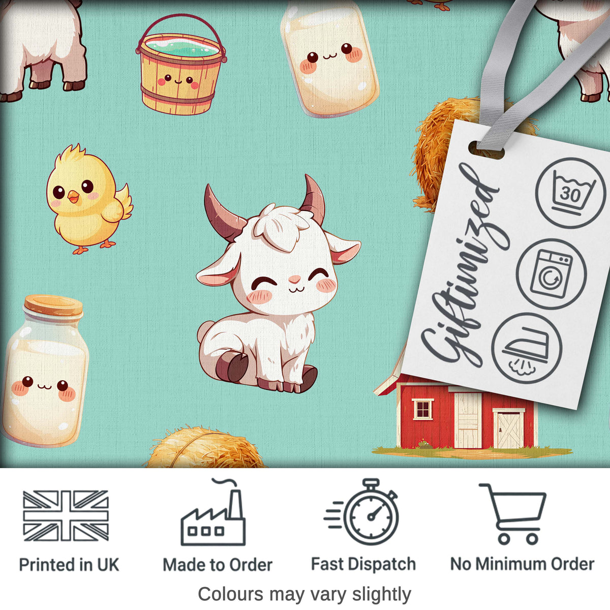 Cute Baby Goat Barn Hay Milk Chick Farm Mint Seamless Pattern Digital Print Fabric by the Metre UK Sewing Quilting Textile