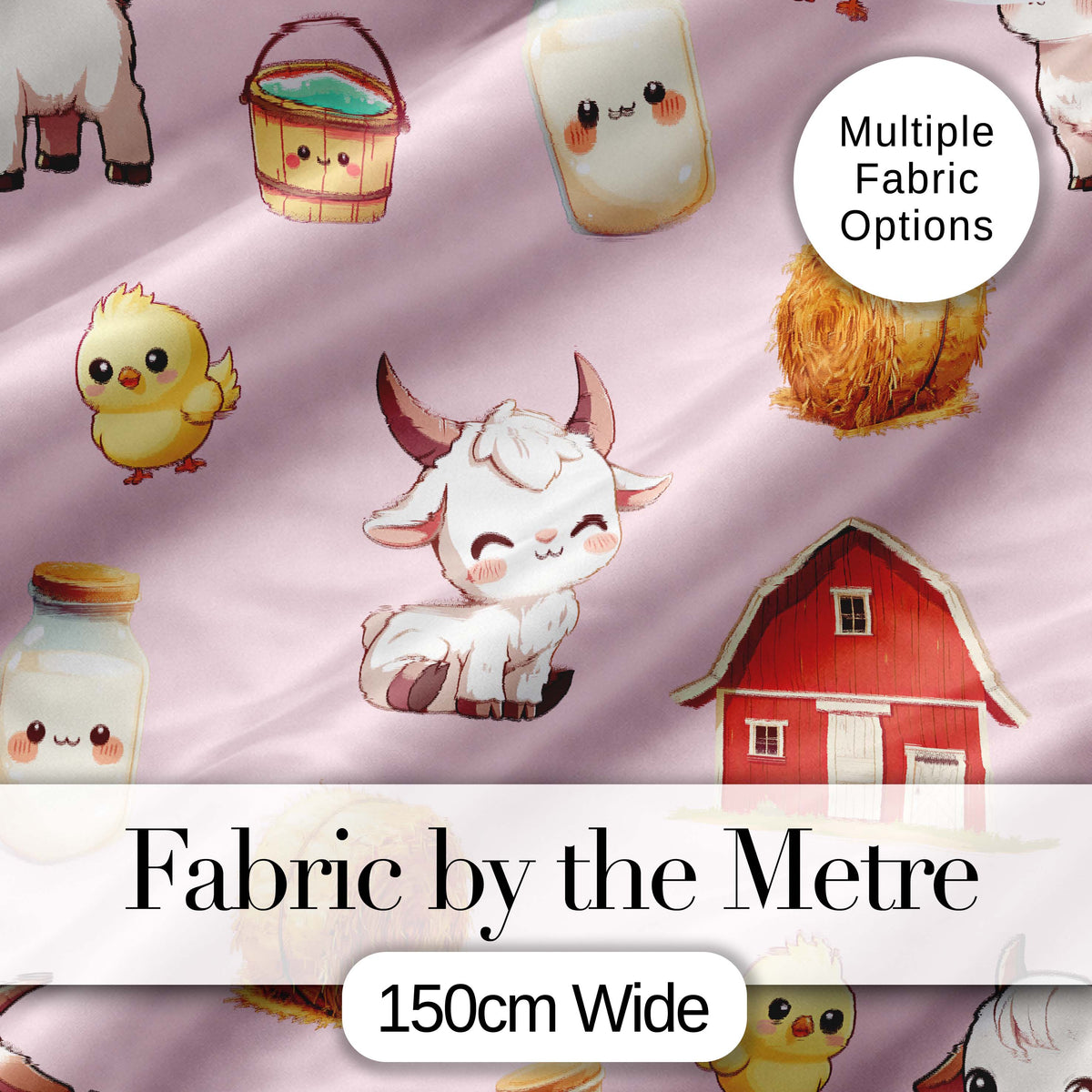 Cute Baby Goat Barn Hay Milk Chick Farm Pink Seamless Pattern Digital Print Fabric by the Metre UK Sewing Quilting Textile