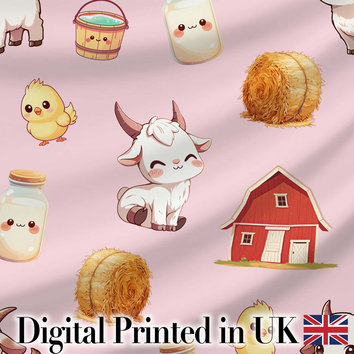 Cute Baby Goat Barn Hay Milk Chick Farm Pink Seamless Pattern Digital Print Fabric by the Metre UK Sewing Quilting Textile