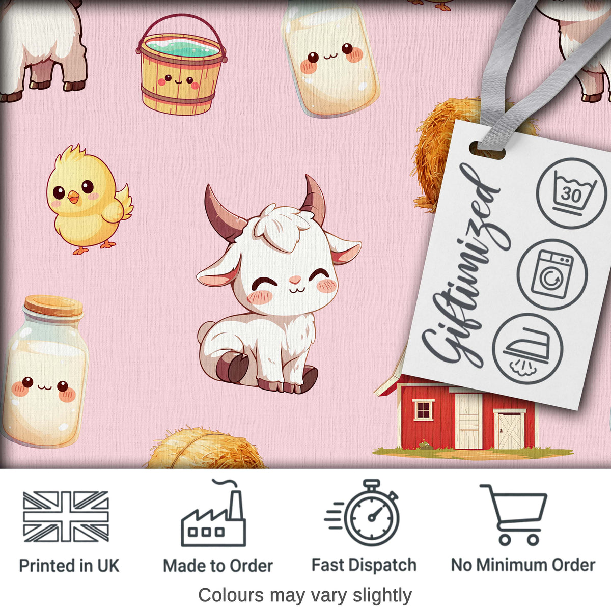 Cute Baby Goat Barn Hay Milk Chick Farm Pink Seamless Pattern Digital Print Fabric by the Metre UK Sewing Quilting Textile