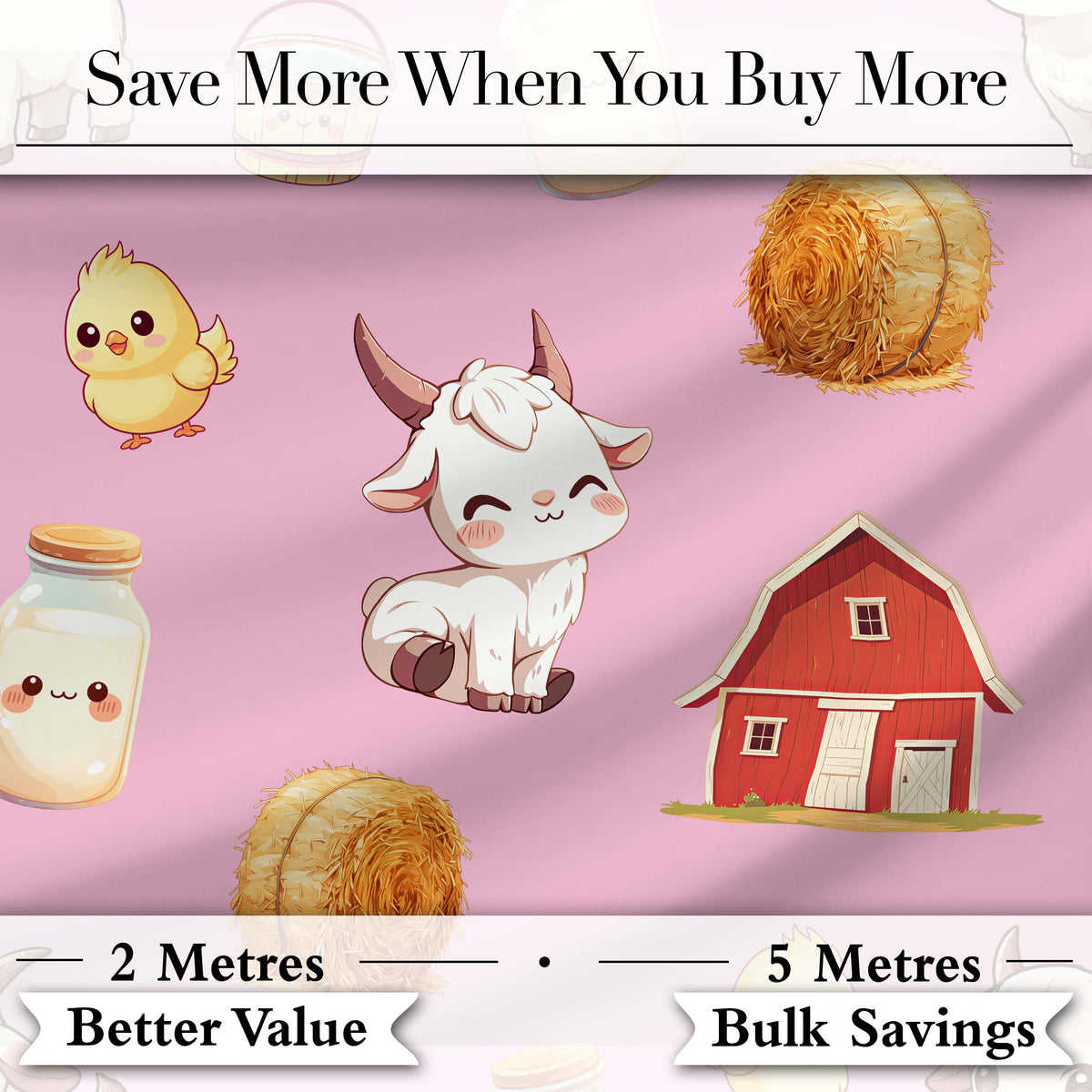 Cute Baby Goat Barn Hay Milk Chick Farm Rose Seamless Pattern Digital Print Fabric by the Metre UK Sewing Quilting Textile