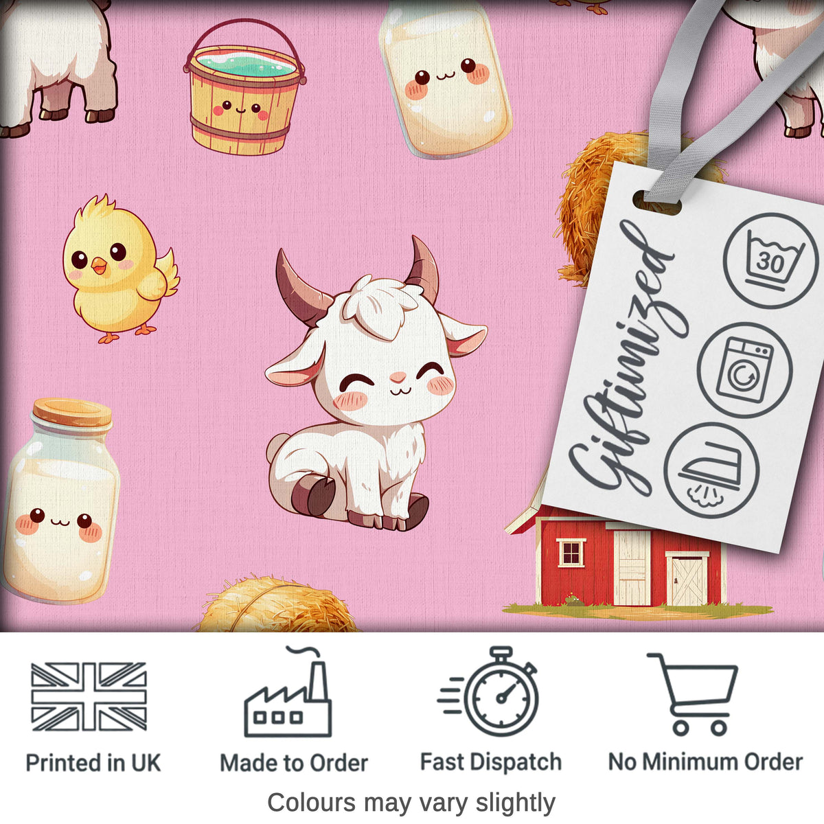 Cute Baby Goat Barn Hay Milk Chick Farm Rose Seamless Pattern Digital Print Fabric by the Metre UK Sewing Quilting Textile