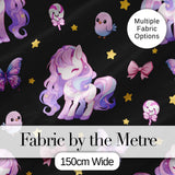 Cute Unicorn Pastel Stars Birds Bows Candy Black Seamless Pattern Digital Print Fabric by the Metre UK Sewing Quilting Textile