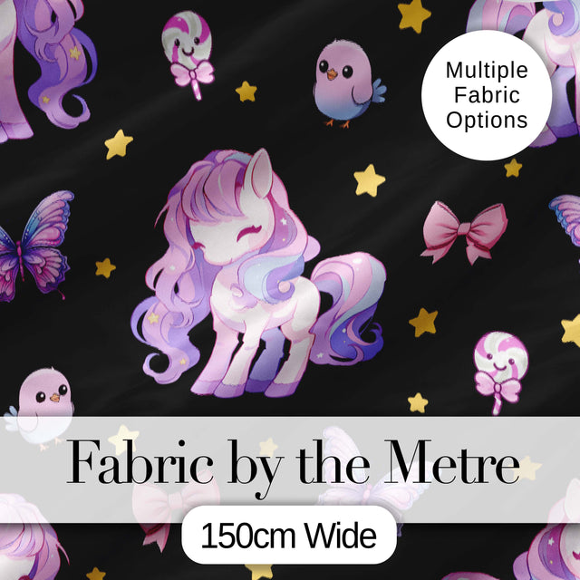 Cute Unicorn Pastel Stars Birds Bows Candy Black Seamless Pattern Digital Print Fabric by the Metre UK Sewing Quilting Textile