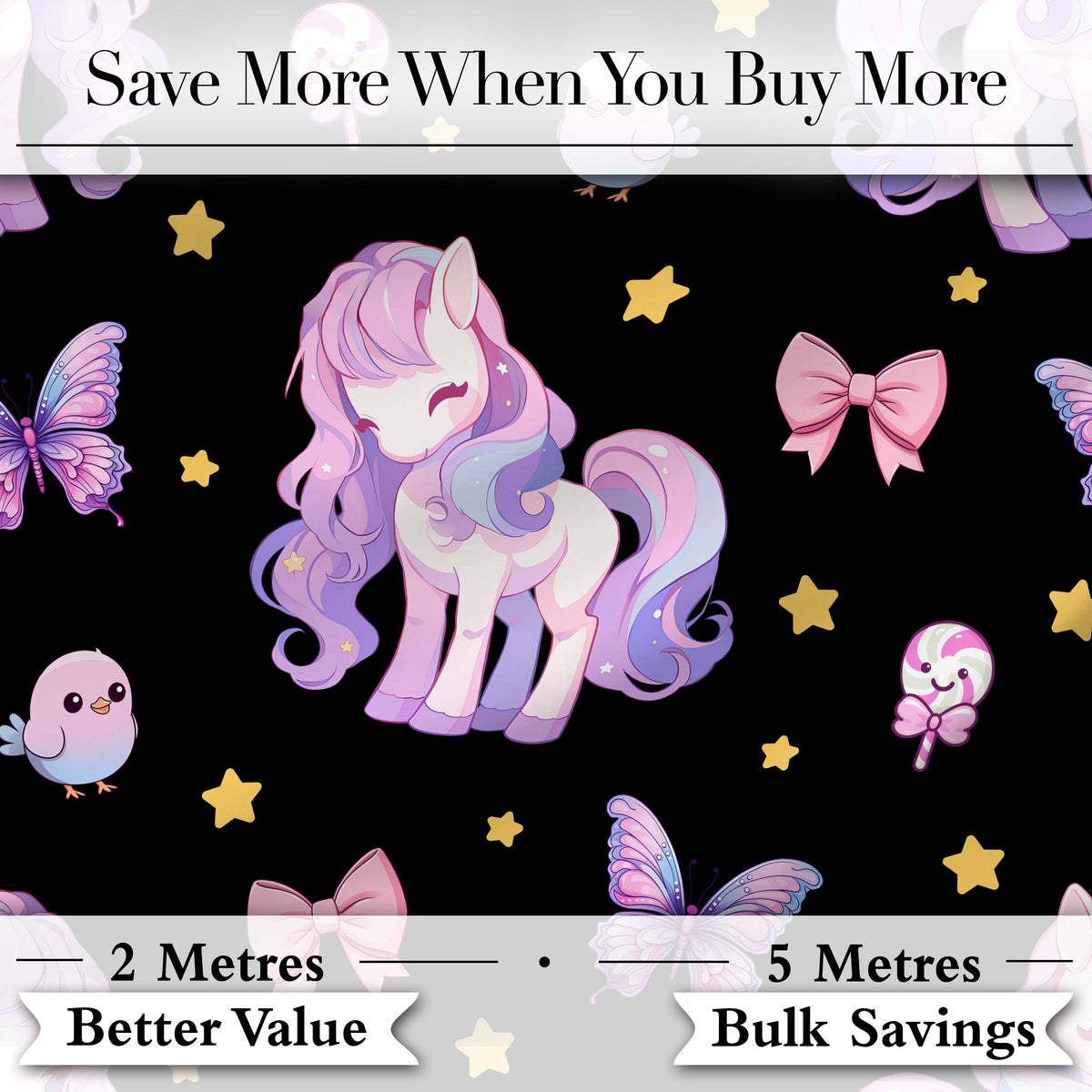 Cute Unicorn Pastel Stars Birds Bows Candy Black Seamless Pattern Digital Print Fabric by the Metre UK Sewing Quilting Textile