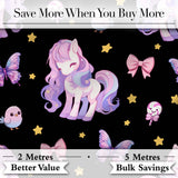 Cute Unicorn Pastel Stars Birds Bows Candy Black Seamless Pattern Digital Print Fabric by the Metre UK Sewing Quilting Textile