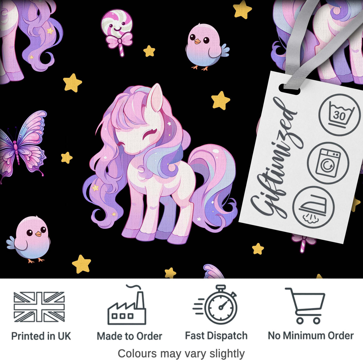 Cute Unicorn Pastel Stars Birds Bows Candy Black Seamless Pattern Digital Print Fabric by the Metre UK Sewing Quilting Textile